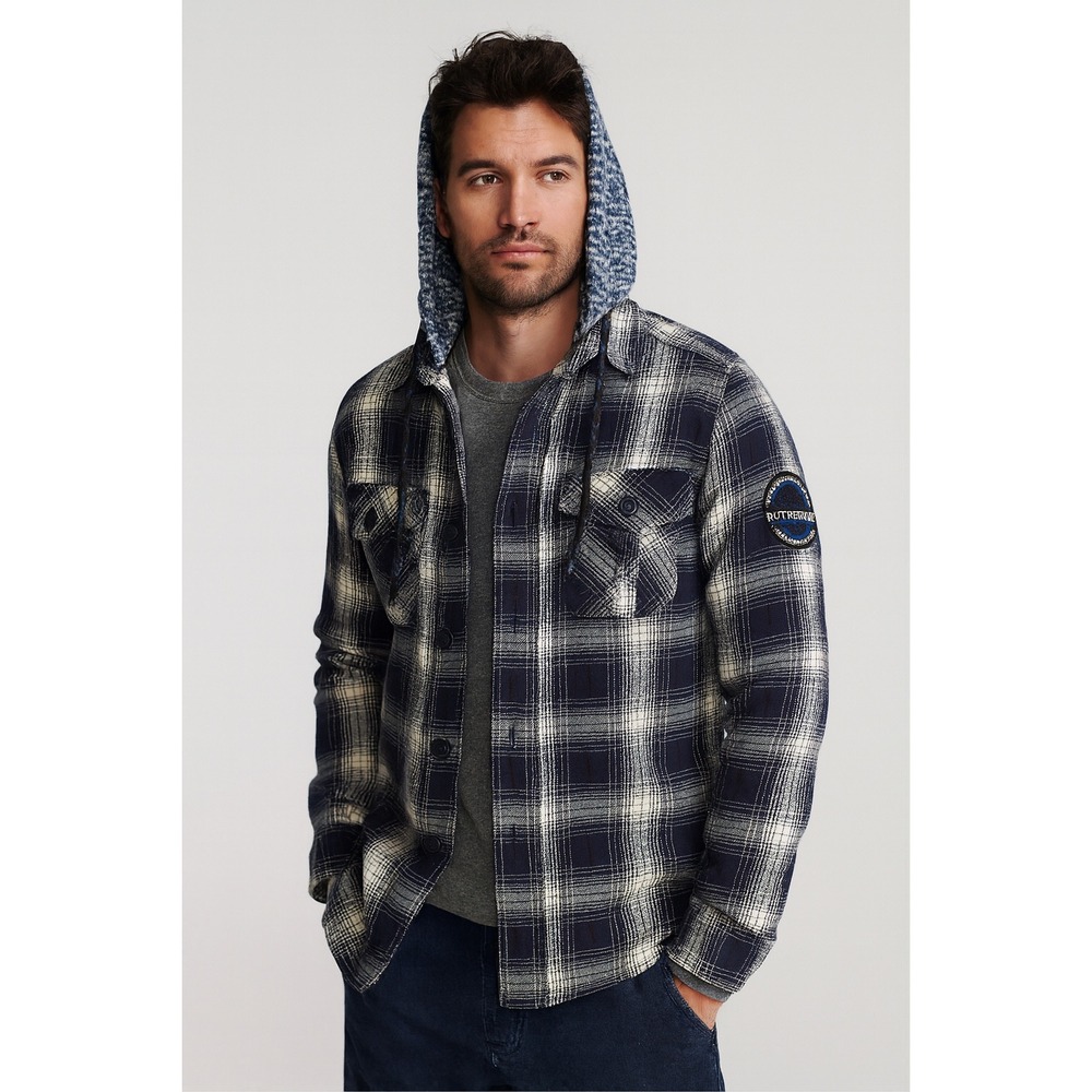 Superdry Everest Edition Plaid Hooded Shirt Jacket Mens S Blue Flannel